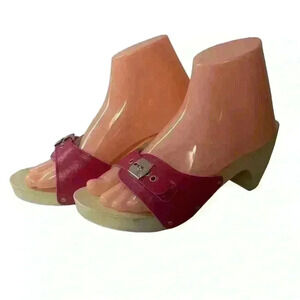 Vtg Dr Scholls Origina Womens Wooden Heeled Clogs Sandals Shoes Pink Italy Sz 9